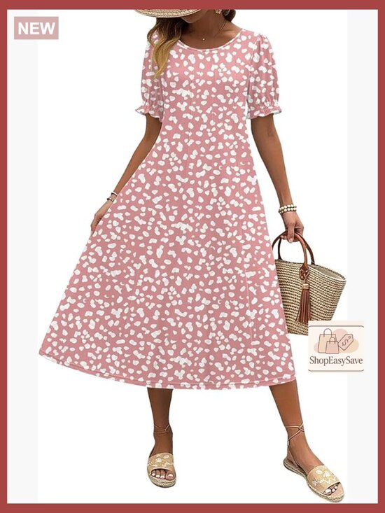 Dresses & Skirts - Pleated Midi Dress Puff Sleeve Flowy Casual Sundress with Pockets Elegant Chic